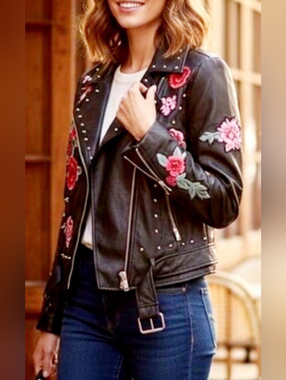 bagatelle Black Faux Leather Moto Jacket Pink/Red Floral Embroidery Medium NWOT